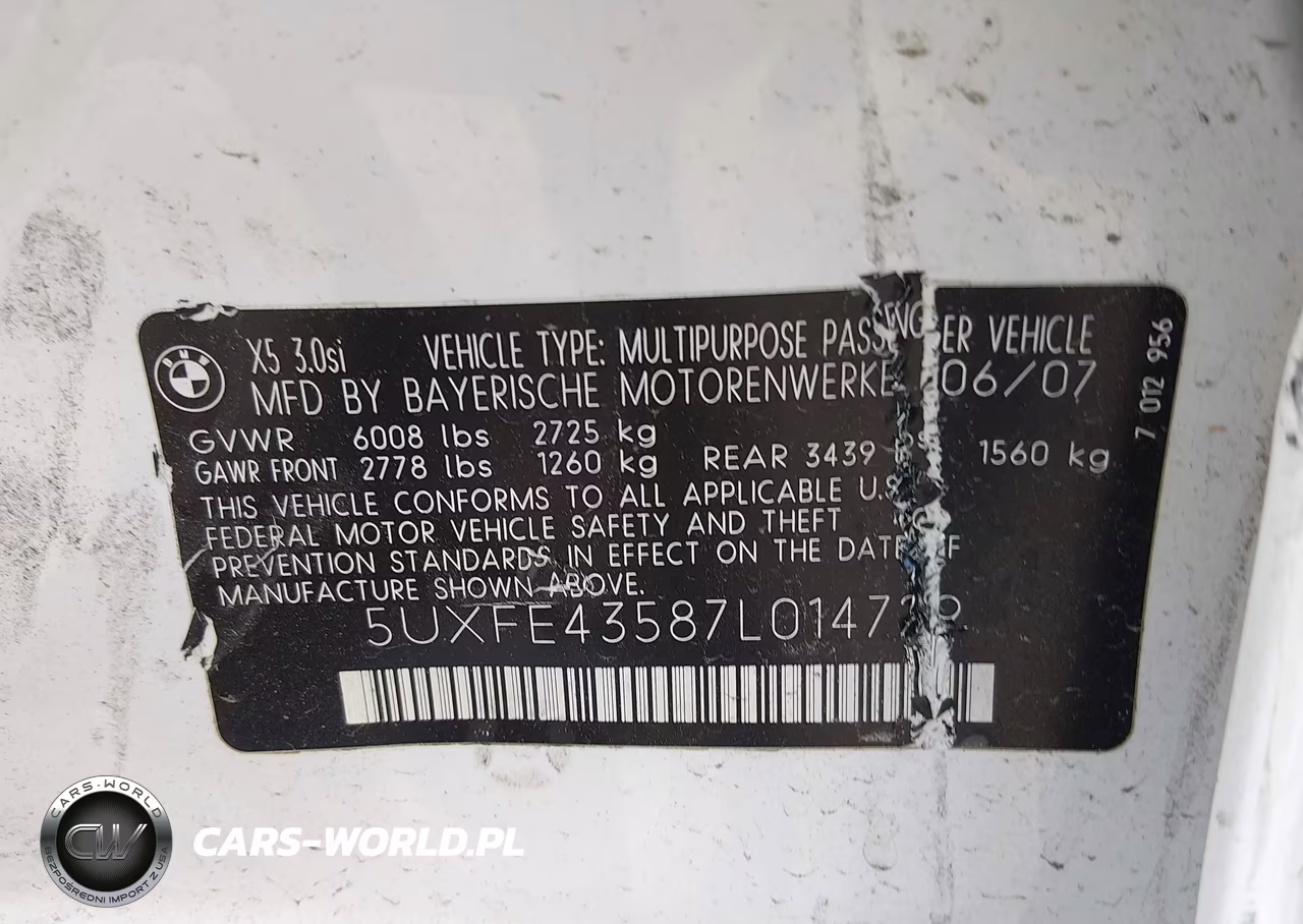 2007 BMW X5 3.0Si VIN:5UXFE43587L014729 - 9
