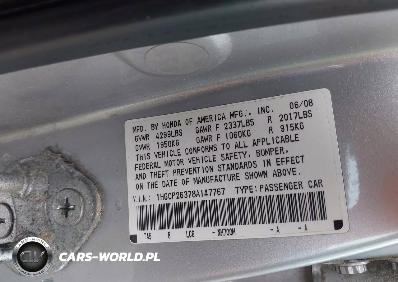 2008 Honda Accord 2.4 Lx VIN:1HGCP26378A147767 - 9