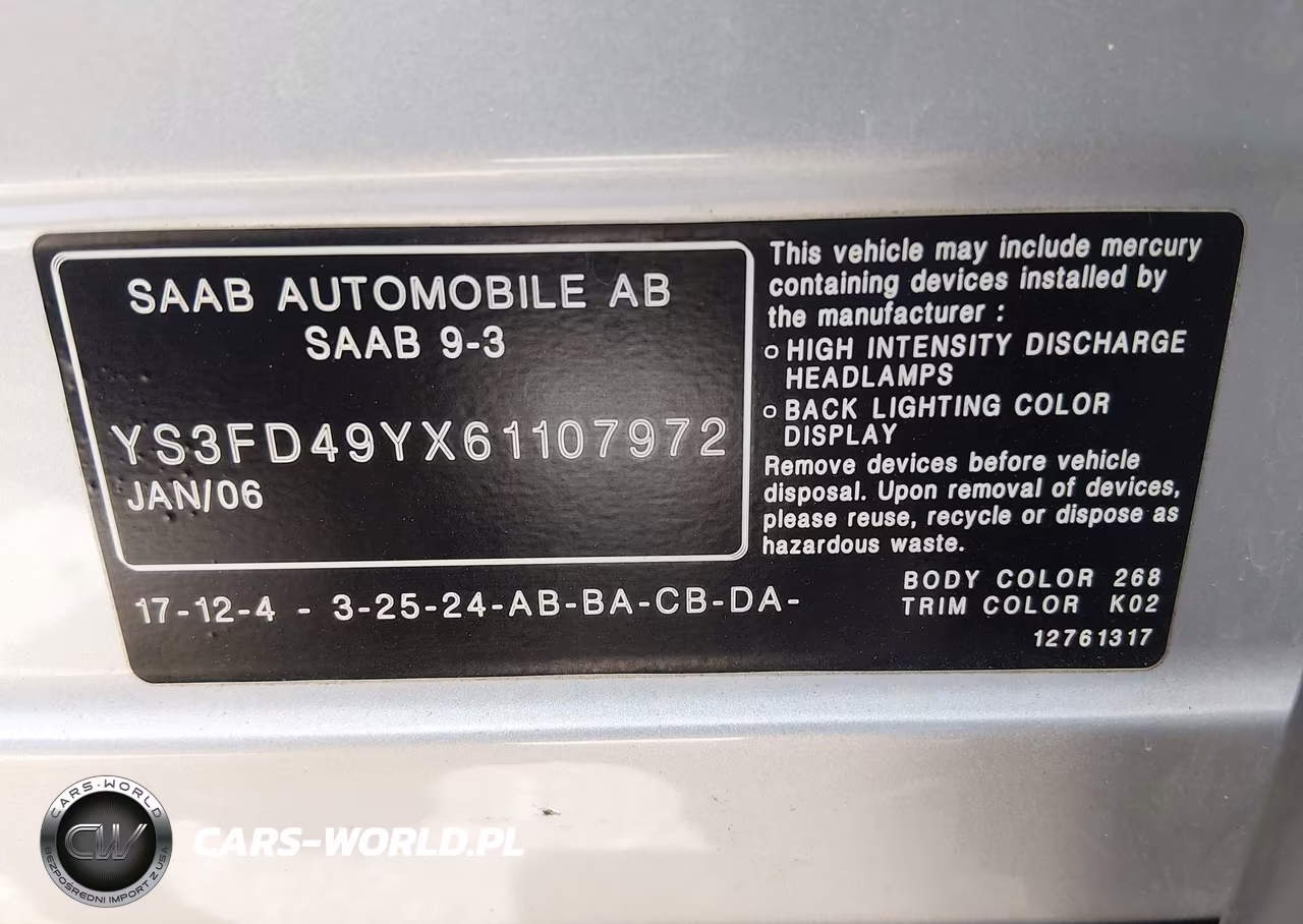 2006 Saab 9-3 2.0T VIN:YS3FD49YX61107972 - 9