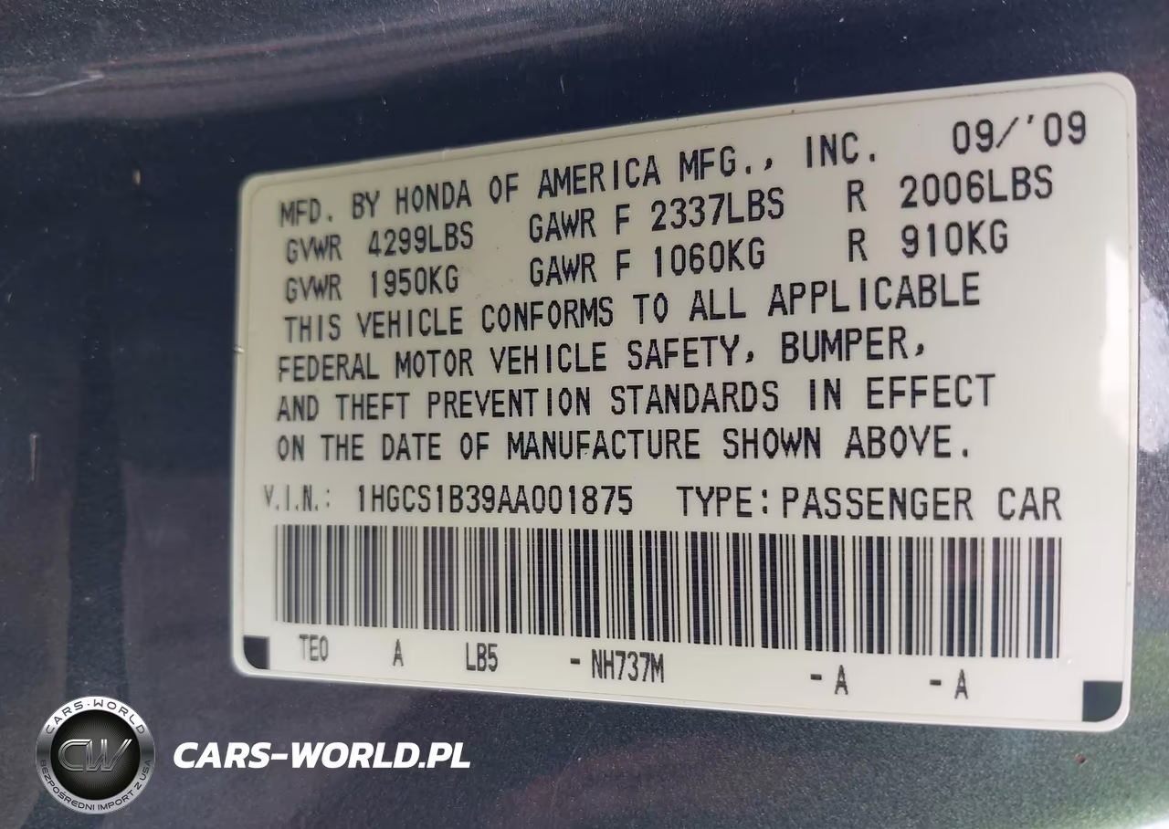 2010 Honda Accord 2.4 Lx-S VIN:1HGCS1B39AA001875 - 9