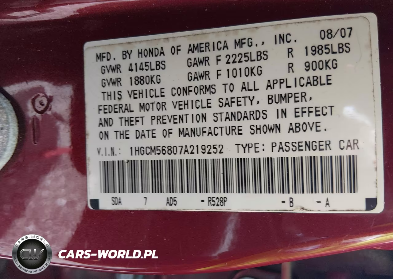2007 Honda Accord 2.4 Ex VIN:1HGCM56807A219252 - 9