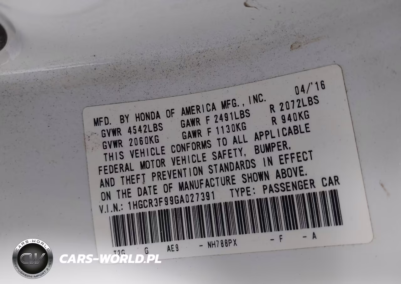 2016 Honda Accord Touring VIN:1HGCR3F99GA027391 - 9