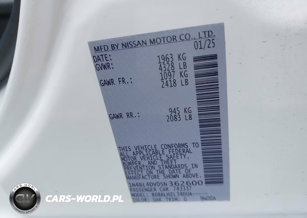 2025 Nissan Altima Sv Fwd VIN:1N4BL4DV0SN362600 - 9