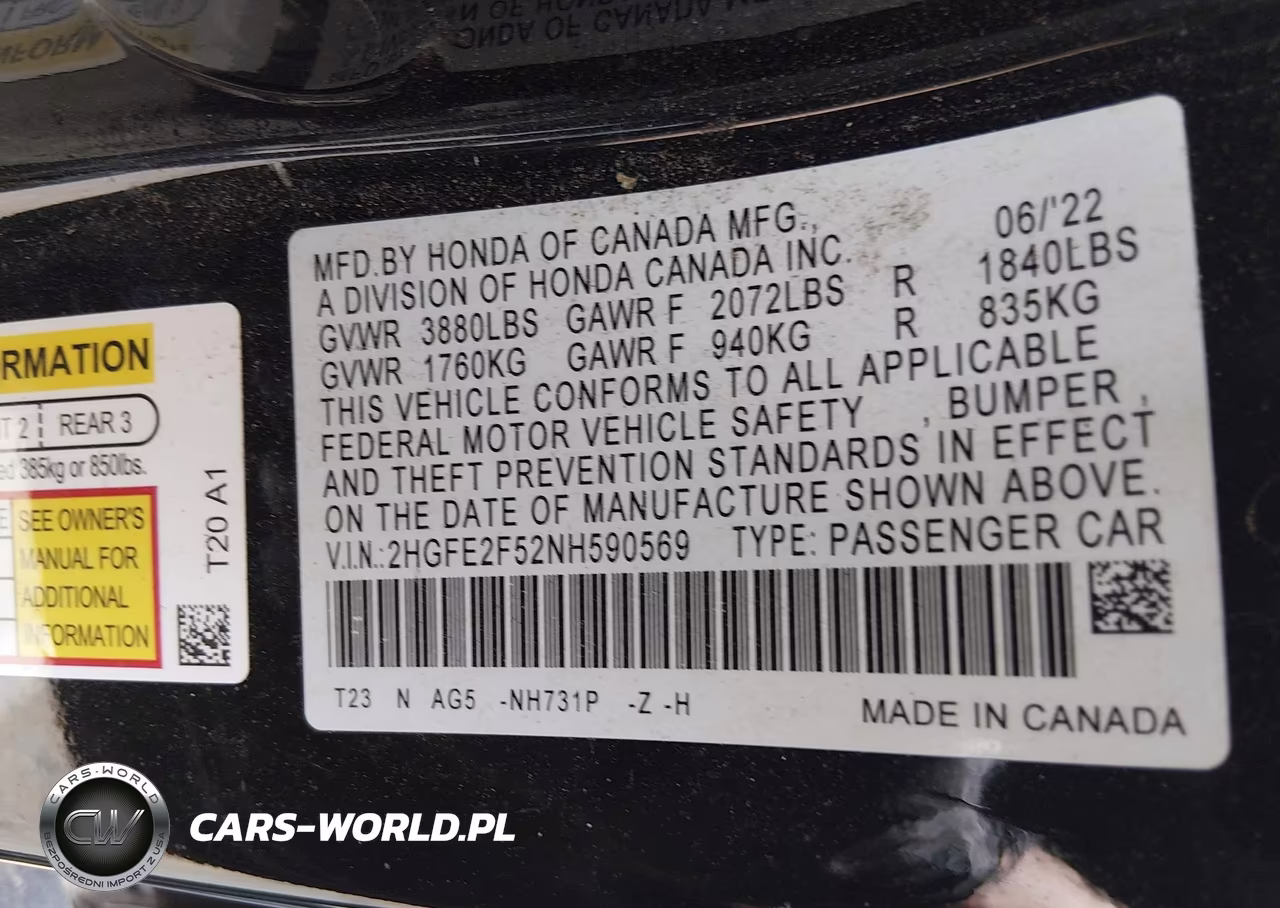 2022 Honda Civic Sport VIN:2HGFE2F52NH590569 - 9