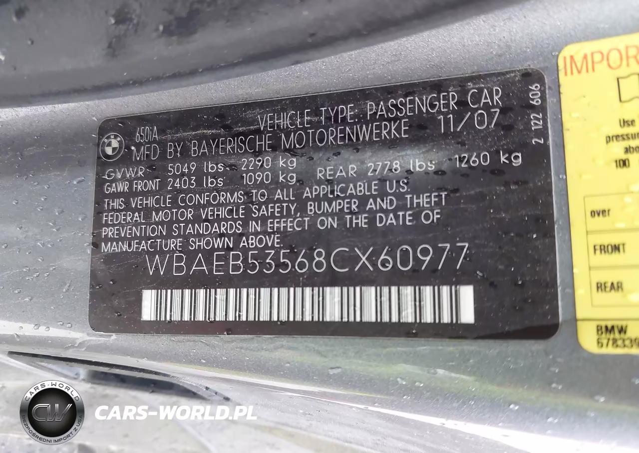 2008 BMW 650I VIN:WBAEB53568CX60977 - 9