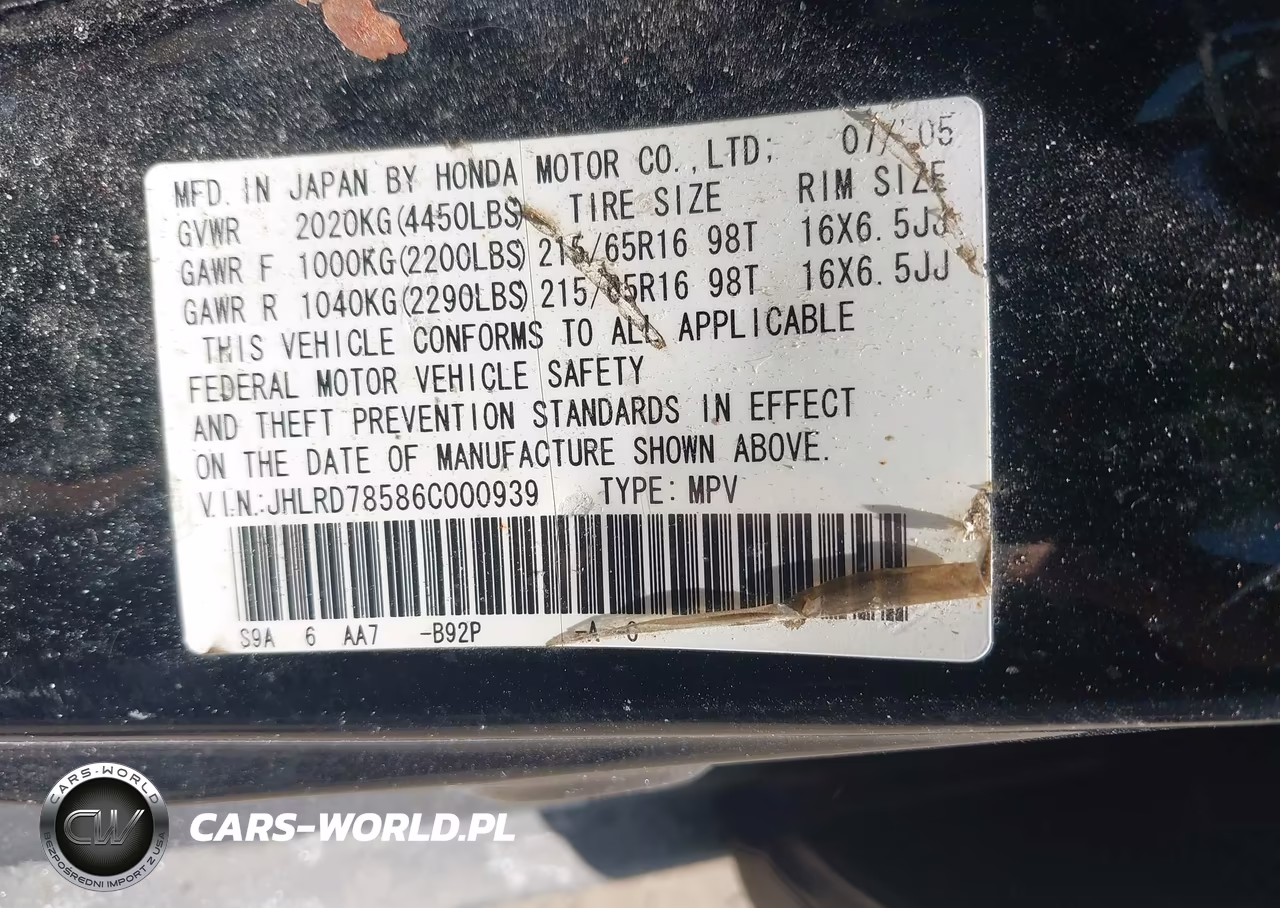 2006 Honda Cr-V Lx VIN:JHLRD78586C000939 - 9