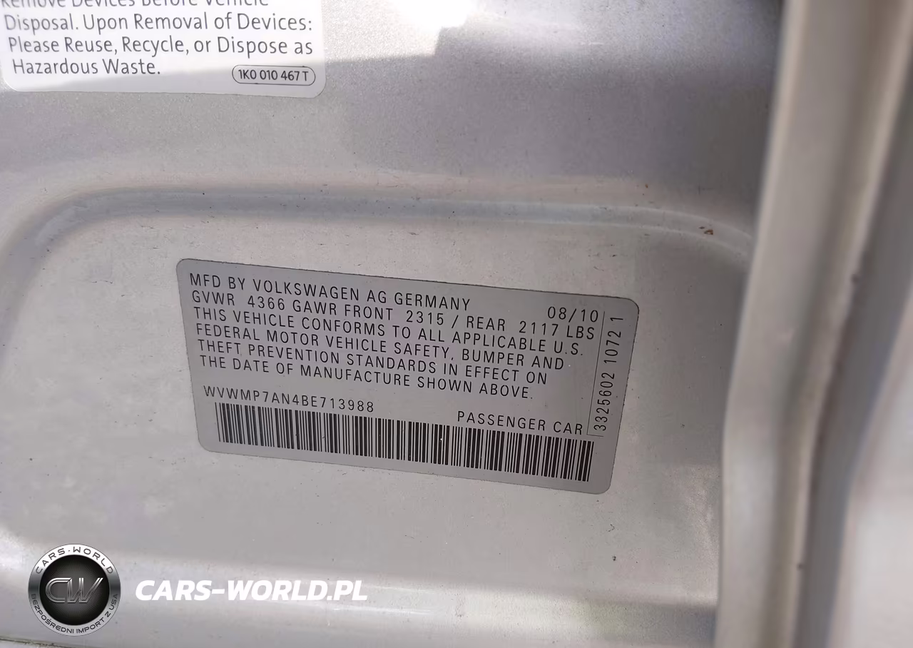 2011 Volkswagen Cc Sport VIN:WVWMP7AN4BE713988 - 9