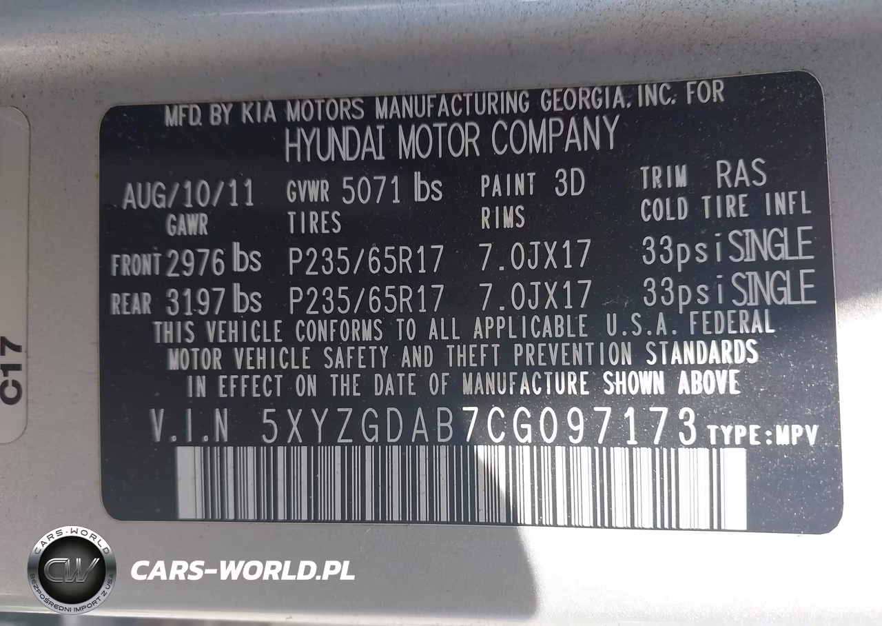2012 Hyundai Santa Fe Gls VIN:5XYZGDAB7CG097173 - 9