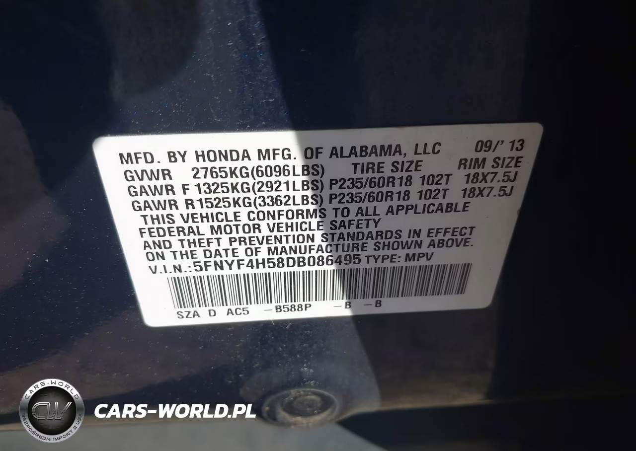 2013 Honda Pilot Ex-L VIN:5FNYF4H58DB086495 - 9