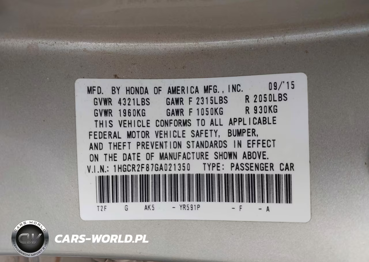 2016 Honda Accord Ex-L VIN:1HGCR2F87GA021350 - 9
