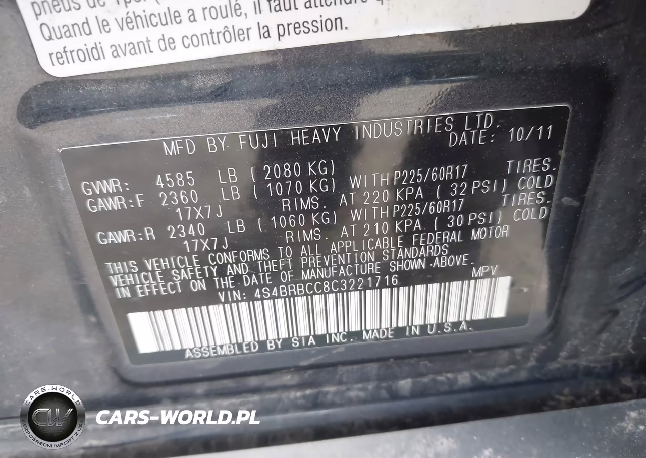 2012 Subaru Outback 2.5I Premium VIN:4S4BRBCC8C3221716 - 9