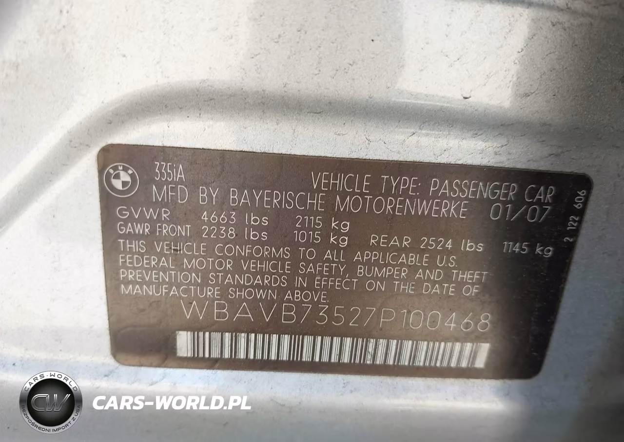 2007 BMW 335I VIN:WBAVB73527P100468 - 9
