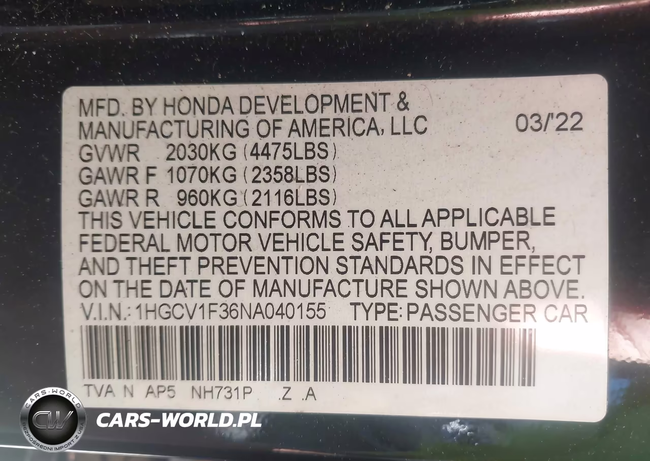 2022 Honda Accord Sport VIN:1HGCV1F36NA040155 - 16