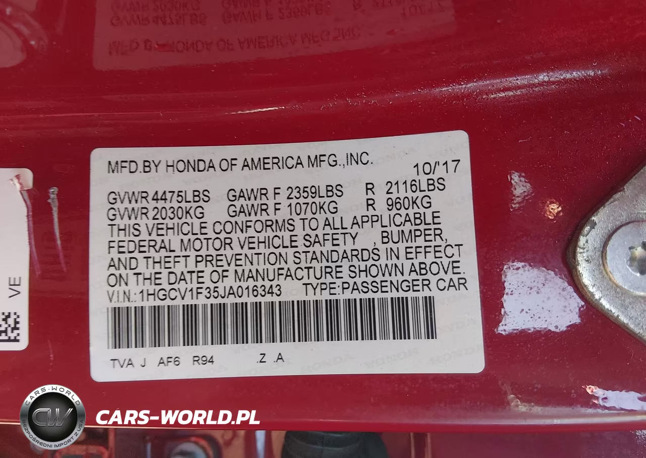 2018 Honda Accord Sport VIN:1HGCV1F35JA016343 - 9