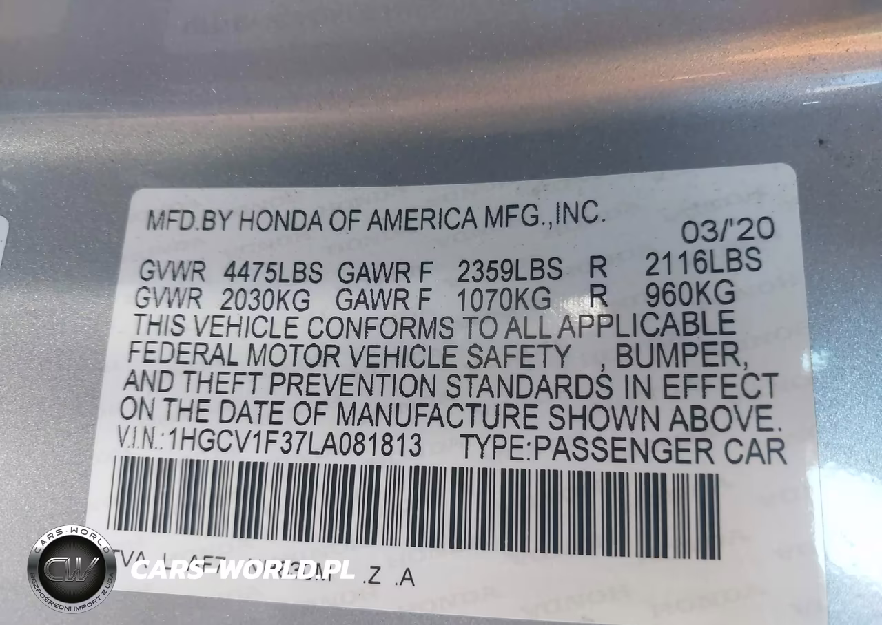 2020 Honda Accord Sport VIN:1HGCV1F37LA081813 - 9