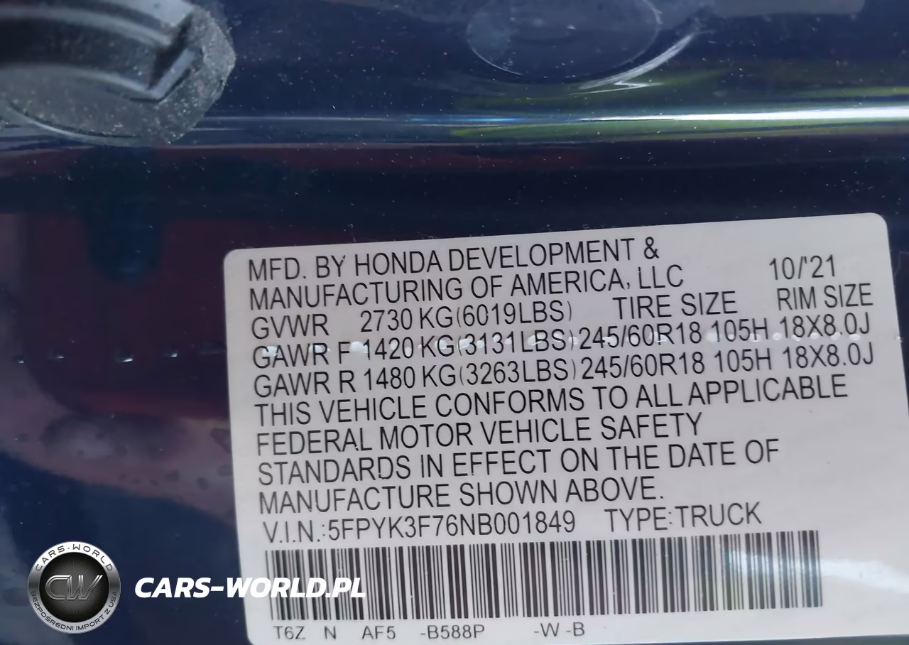 2022 Honda Ridgeline Rtl-E VIN:5FPYK3F76NB001849 - 9