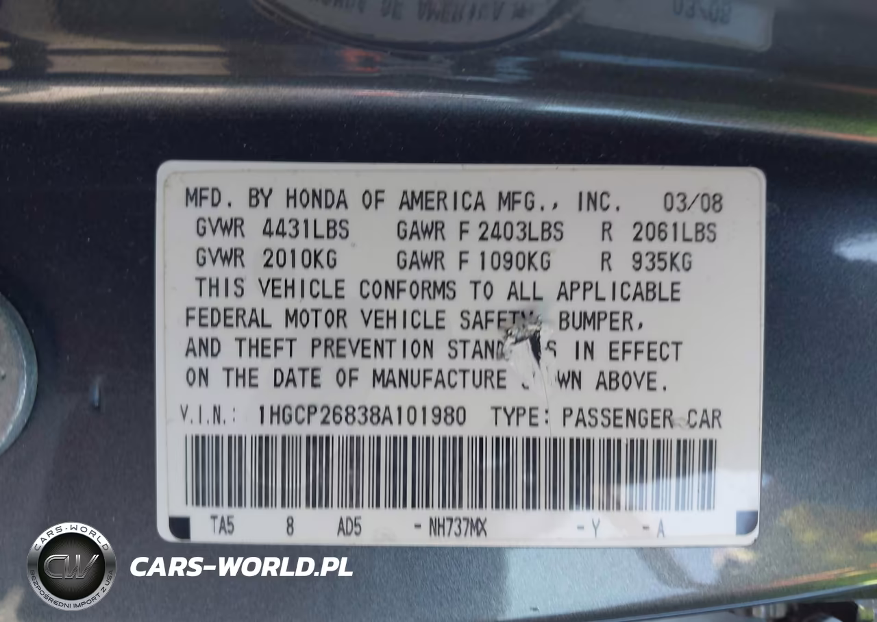2008 Honda Accord 2.4 Ex-L VIN:1HGCP26838A101980 - 9