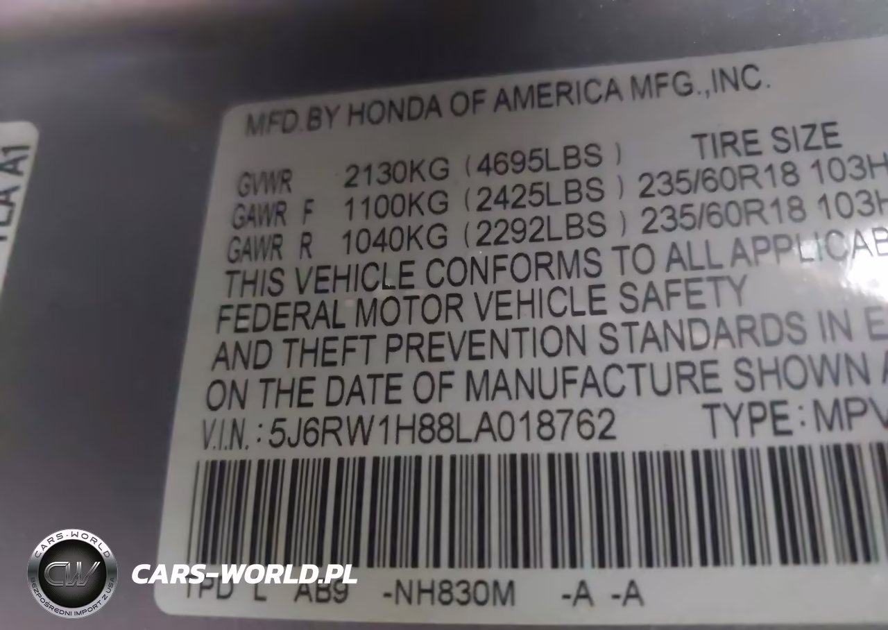 2020 Honda Cr-V 2Wd Ex-L VIN:5J6RW1H88LA018762 - 9