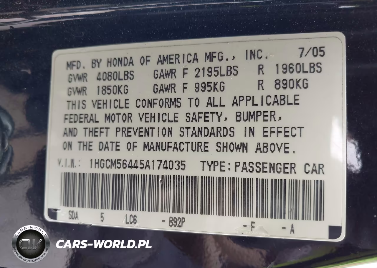 2005 Honda Accord 2.4 Lx VIN:1HGCM56445A174035 - 9