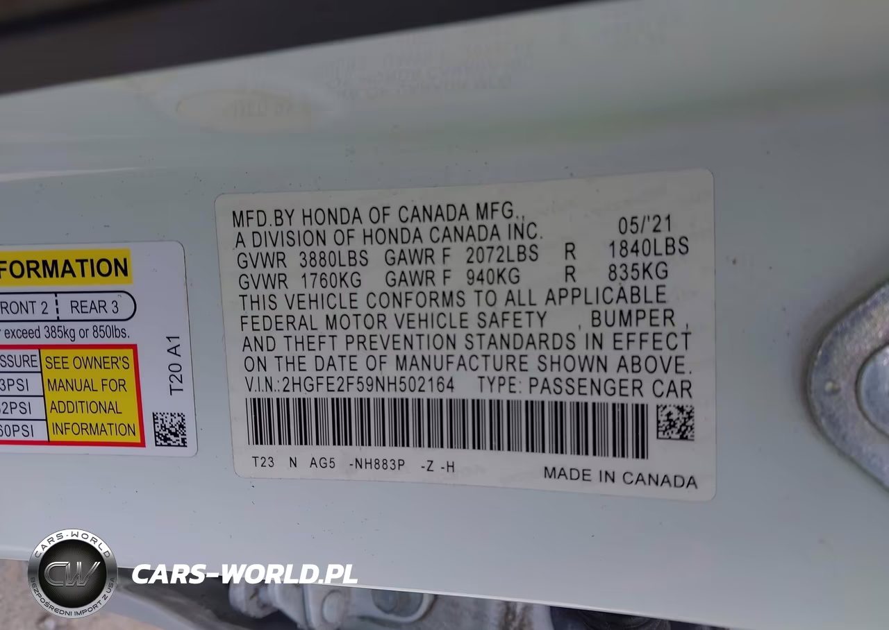 2022 Honda Civic Sport VIN:2HGFE2F59NH502164 - 9