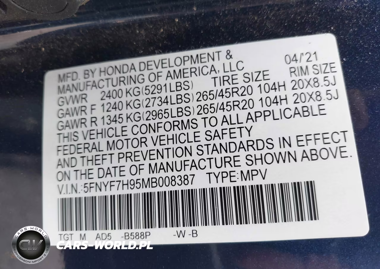 2021 Honda Passport 2Wd Touring VIN:5FNYF7H95MB008387 - 9