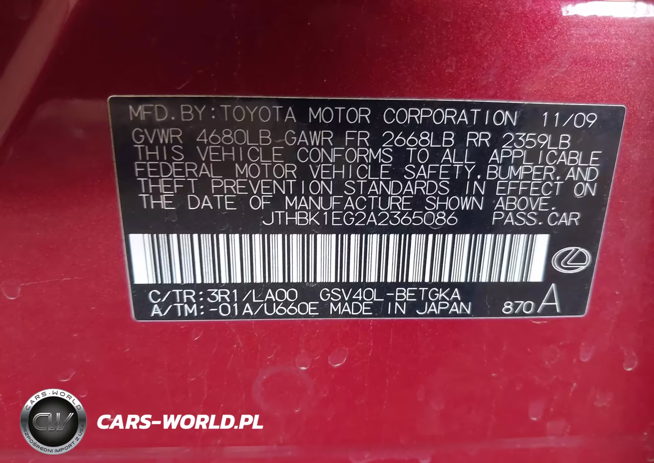 2010 Lexus Es 350 VIN:JTHBK1EG2A2365086 - 9