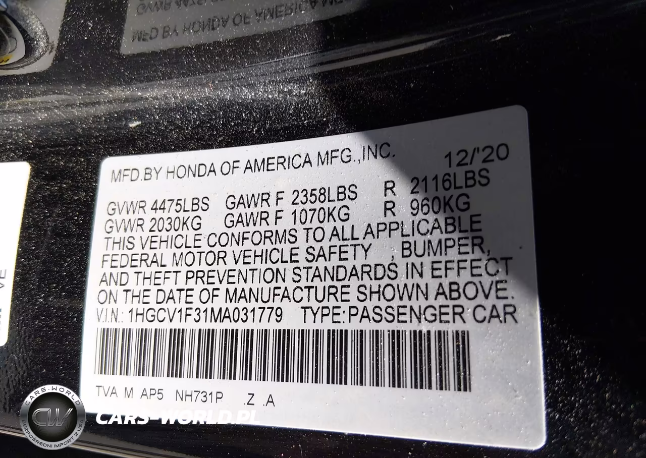 2021 Honda Accord Sport VIN:1HGCV1F31MA031779 - 9