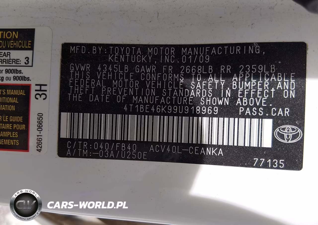 2009 Toyota Camry Le VIN:4T1BE46K99U918969 - 9