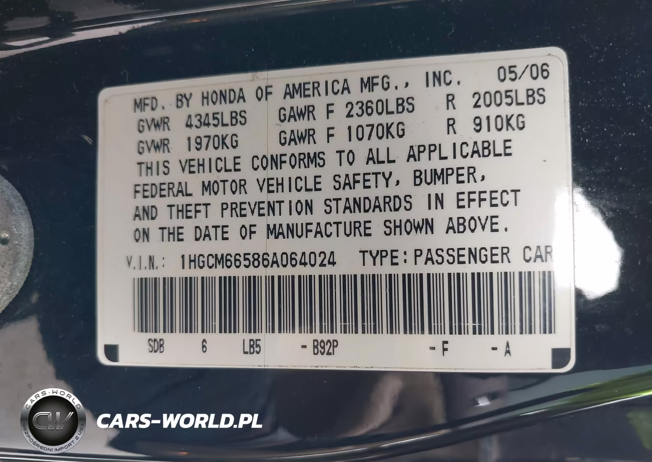 2006 Honda Accord 3.0 Ex VIN:1HGCM66586A064024 - 9