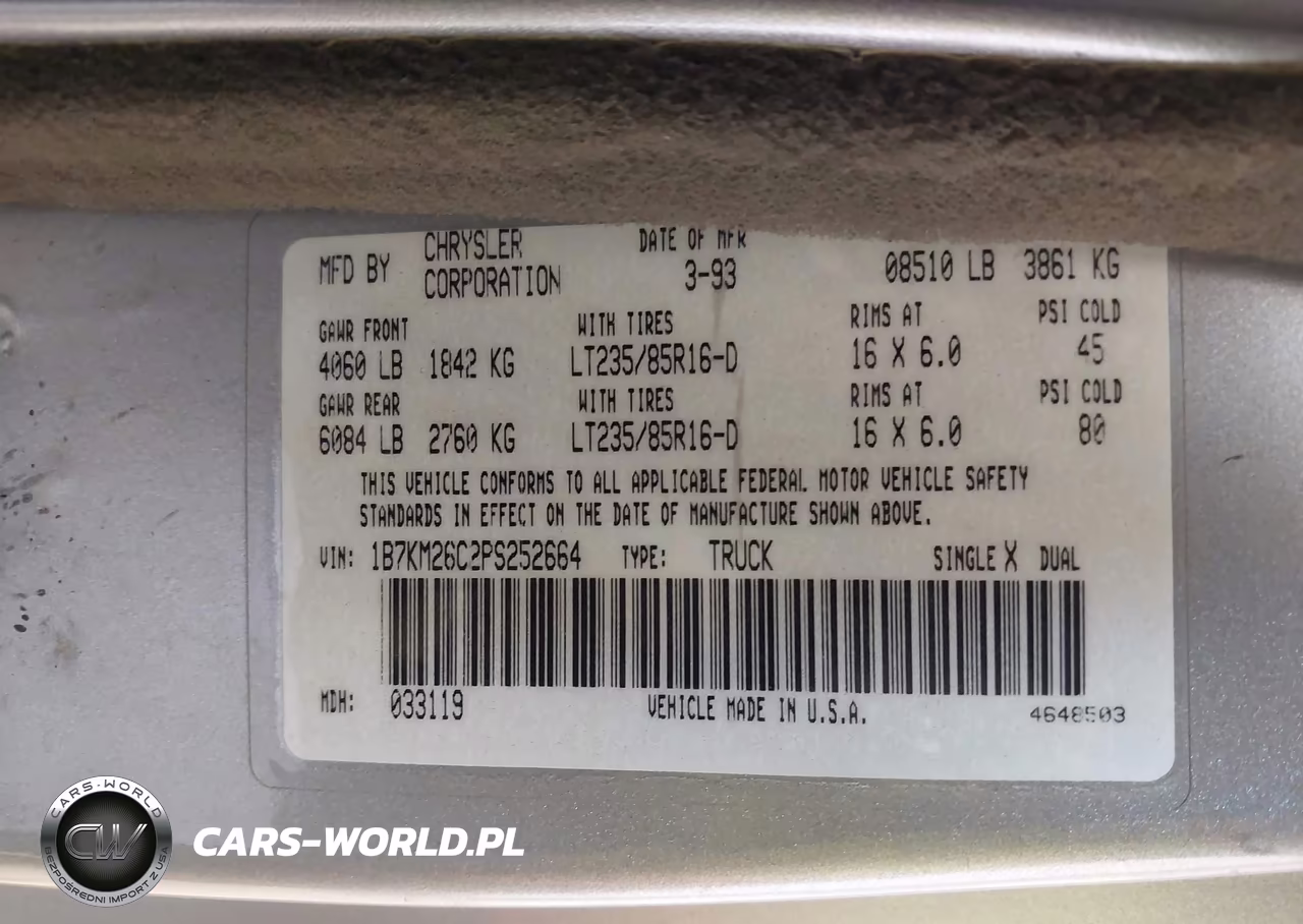 1993 Dodge W-Series W200-W250 VIN:1B7KM26C2PS252664 - 9