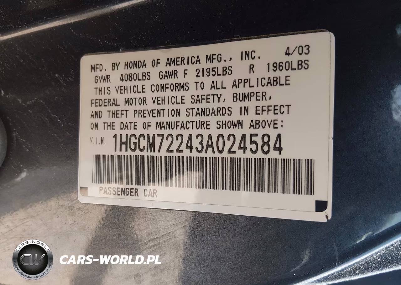 2003 Honda Accord 2.4 Lx VIN:1HGCM72243A024584 - 9