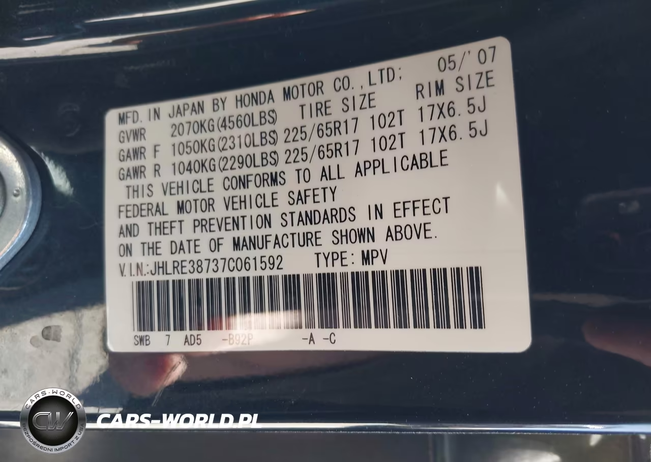 2007 Honda Cr-V Ex-L VIN:JHLRE38737C061592 - 9