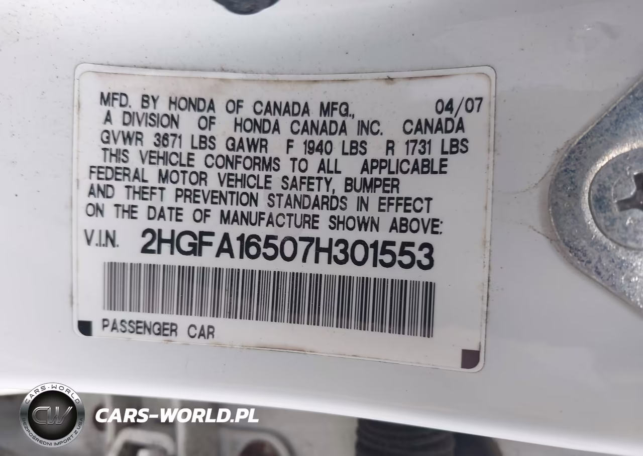 2007 Honda Civic Lx VIN:2HGFA16507H301553 - 9