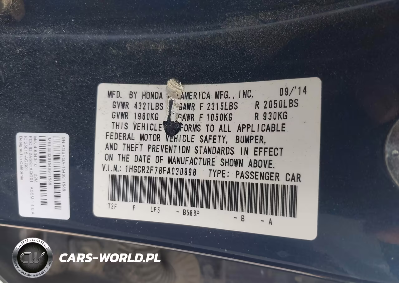 2015 Honda Accord Ex VIN:1HGCR2F78FA030998 - 9