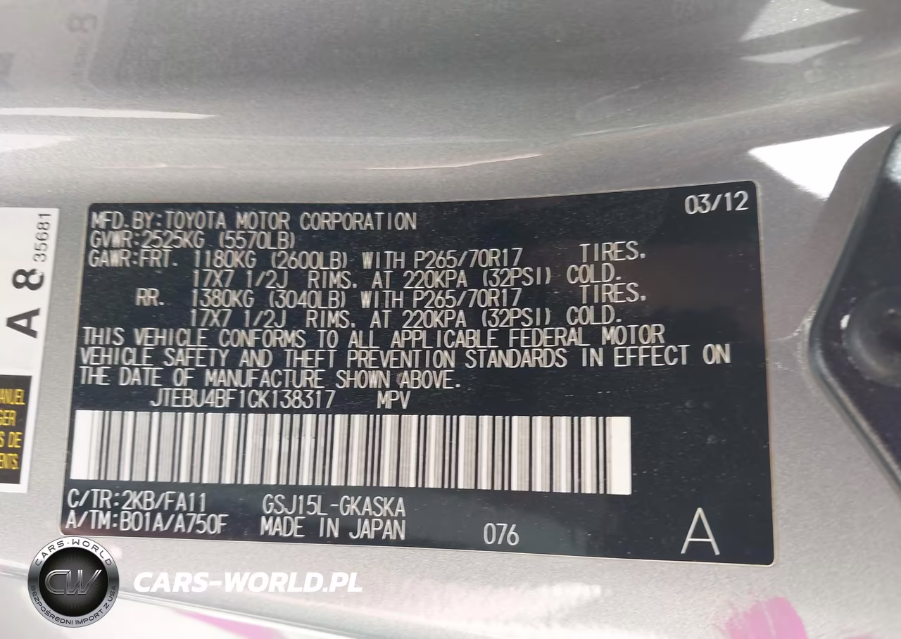 2012 Toyota Fj Cruiser VIN:JTEBU4BF1CK138317 - 9