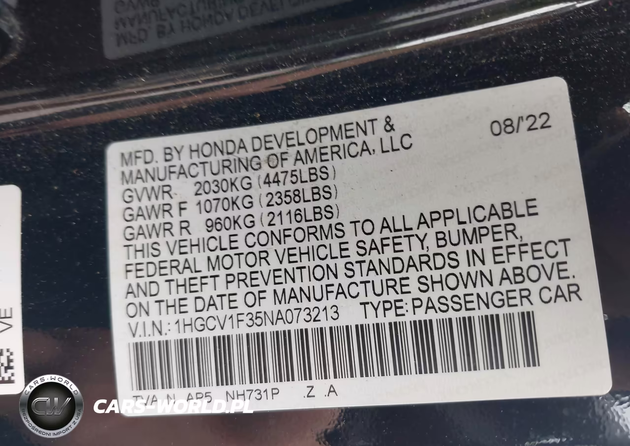 2022 Honda Accord Sport VIN:1HGCV1F35NA073213 - 9
