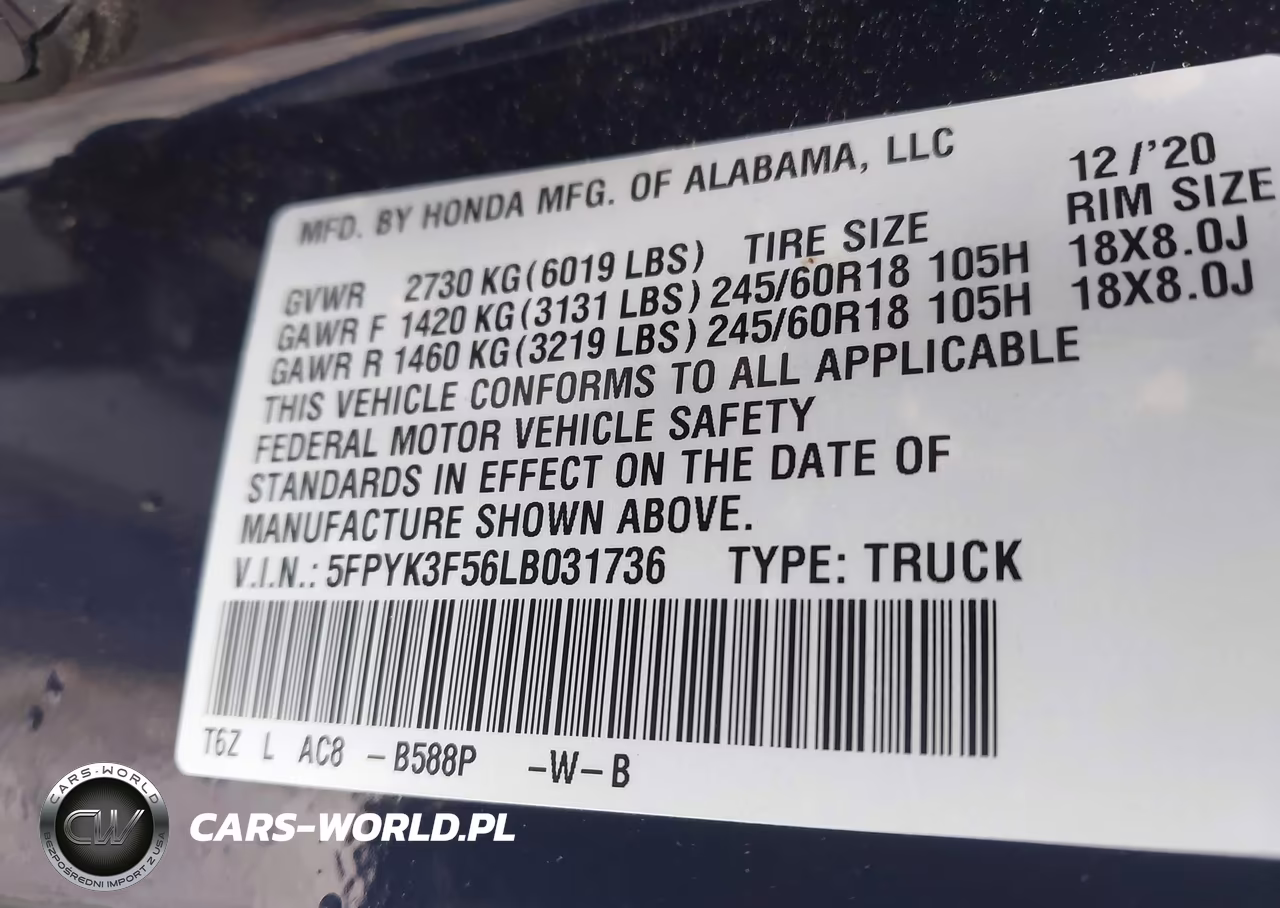 2020 Honda Ridgeline Awd Rtl VIN:5FPYK3F56LB031736 - 9