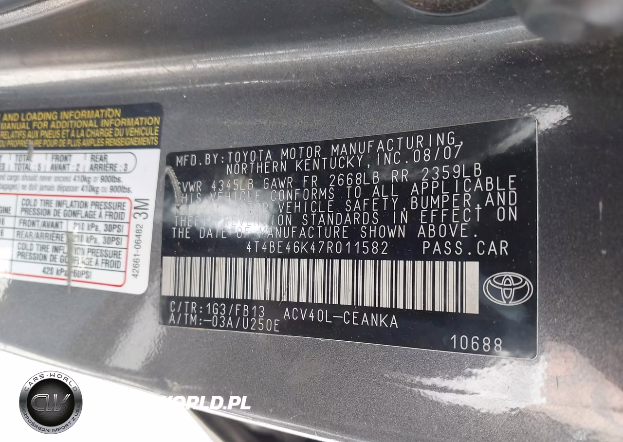 2007 Toyota Camry Le VIN:4T4BE46K47R011582 - 9