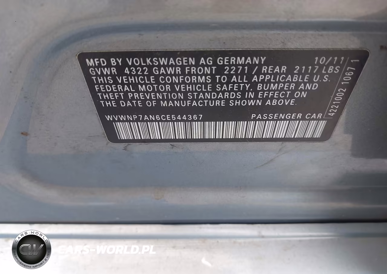 2012 Volkswagen Cc Sport VIN:WVWNP7AN6CE544367 - 9