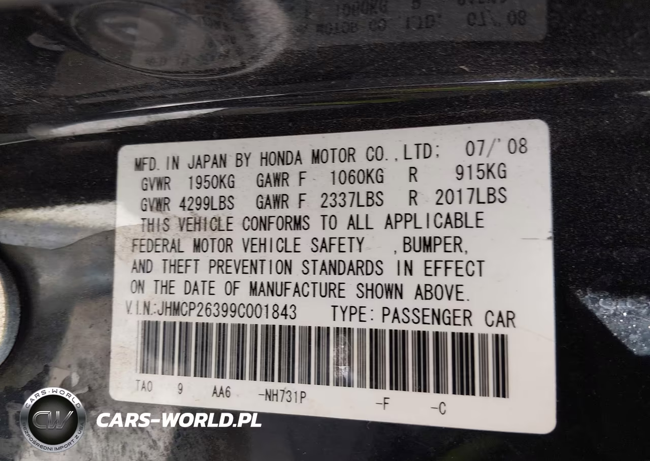 2009 Honda Accord 2.4 Lx VIN:JHMCP26399C001843 - 9