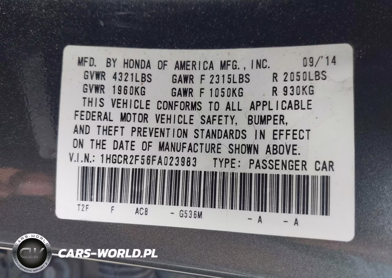 2015 Honda Accord Sport VIN:1HGCR2F56FA023983 - 9
