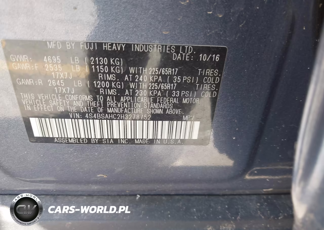 2017 SUBARU OUTBACK 2.5I PREMIUM VIN:4S4BSAHC2H3278752 - 9