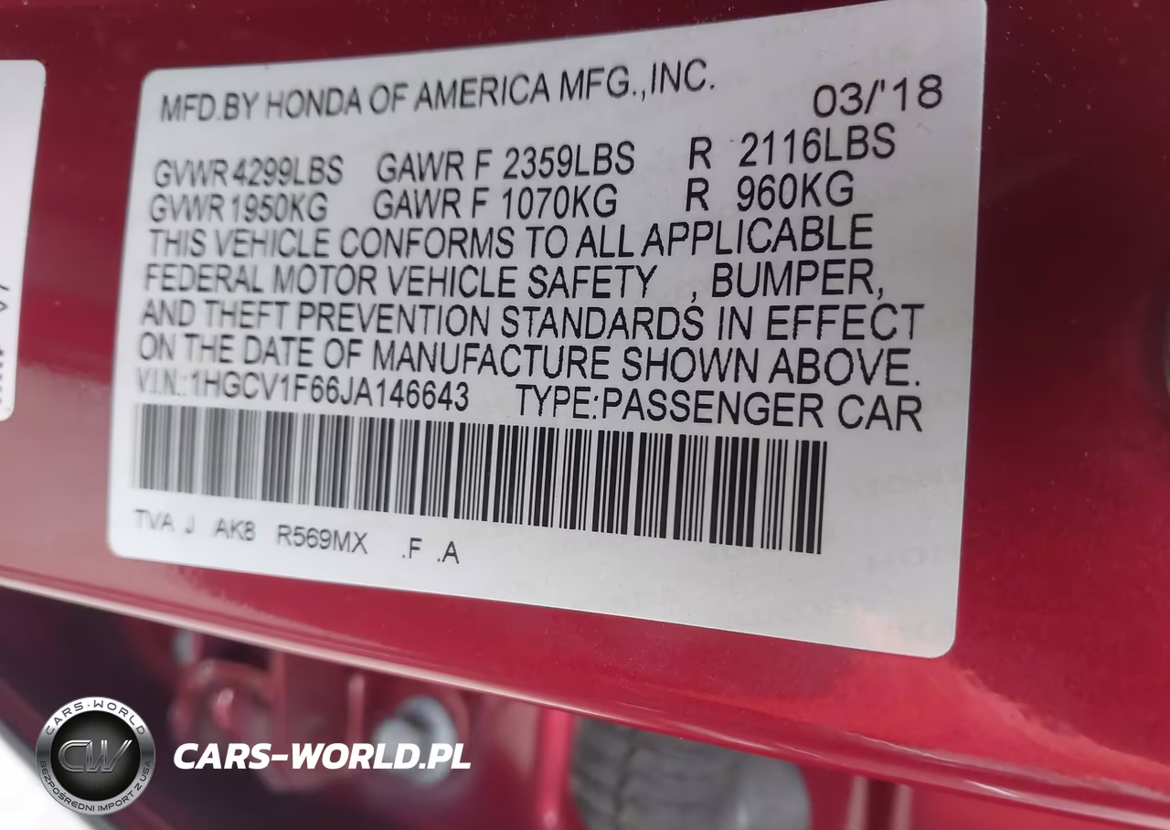 2018 Honda Accord Ex-L VIN:1HGCV1F66JA146643 - 9