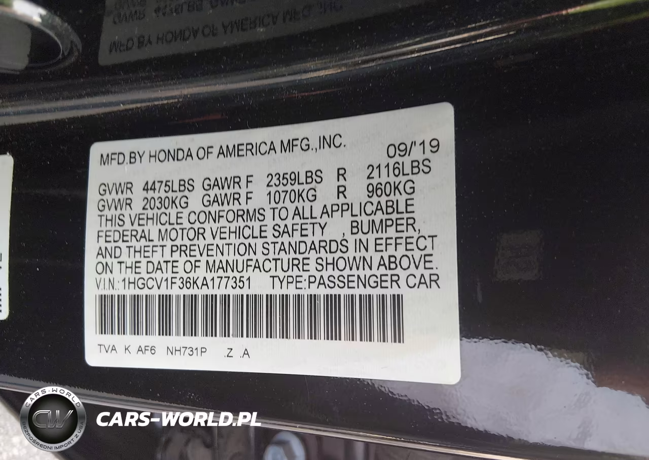 2019 Honda Accord Sport VIN:1HGCV1F36KA177351 - 9