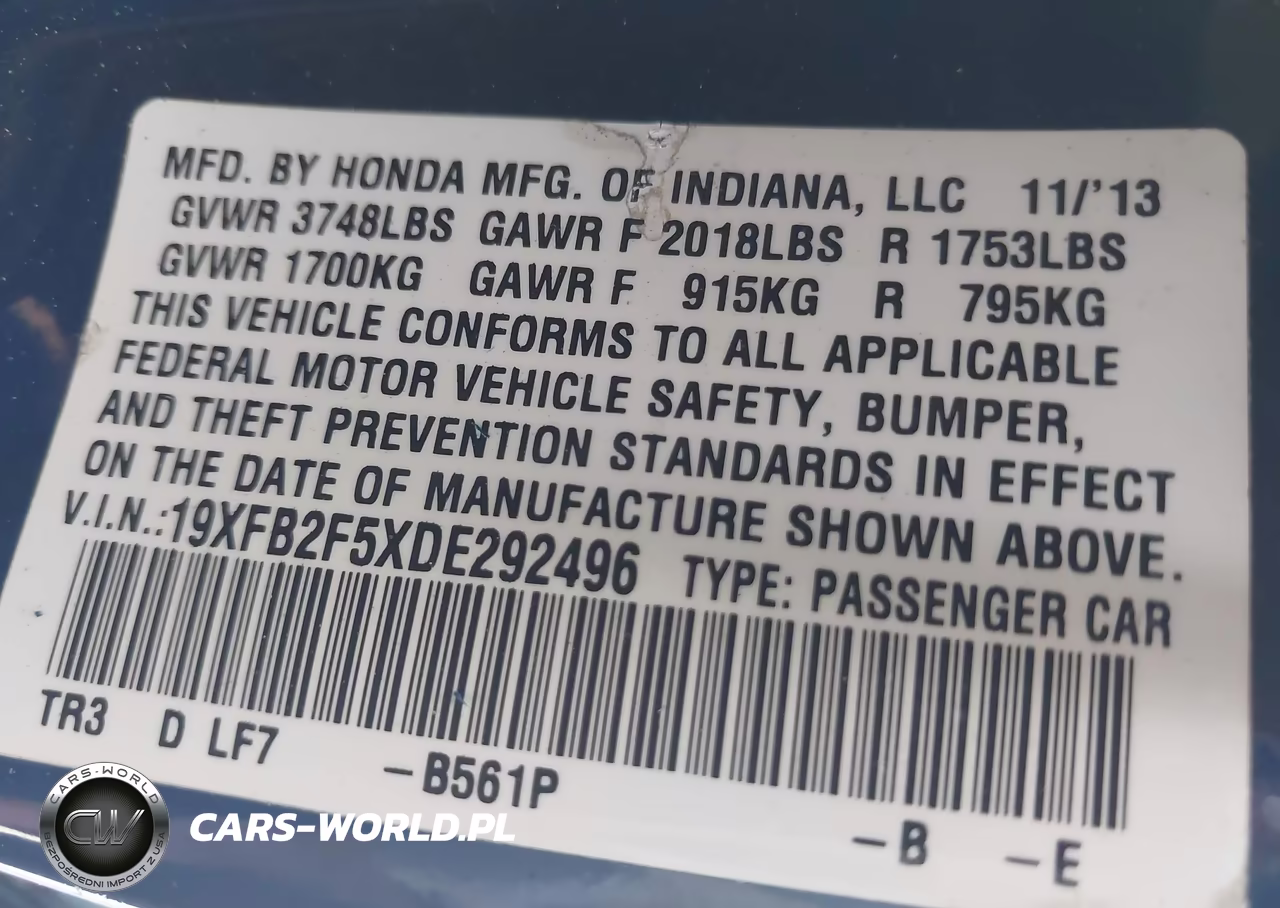 2013 Honda Civic Lx VIN:19XFB2F5XDE292496 - 9