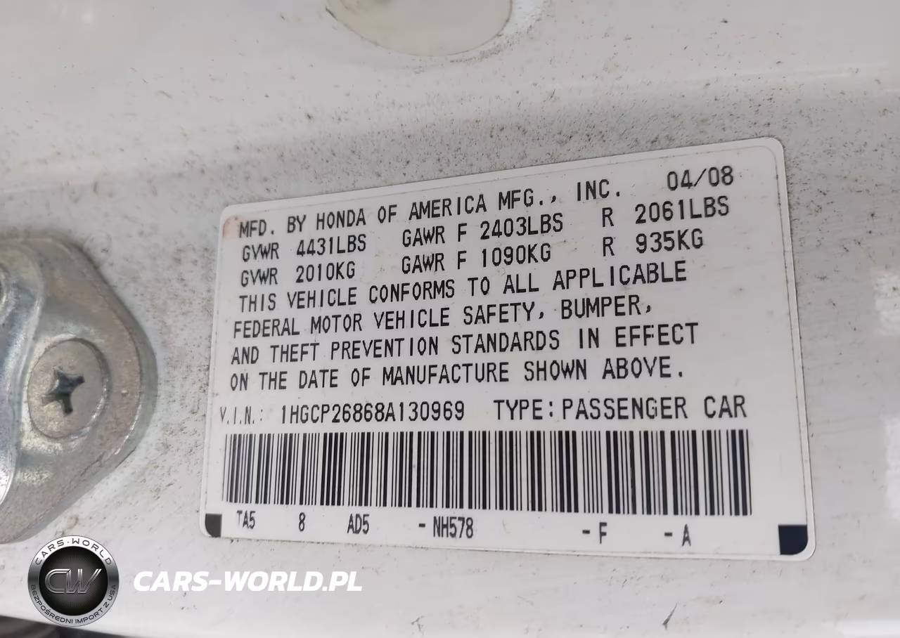 2008 Honda Accord 2.4 Ex-L VIN:1HGCP26868A130969 - 9