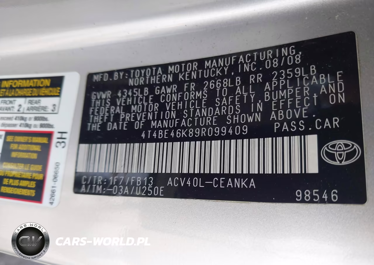 2009 Toyota Camry VIN:4T4BE46K89R099409 - 9