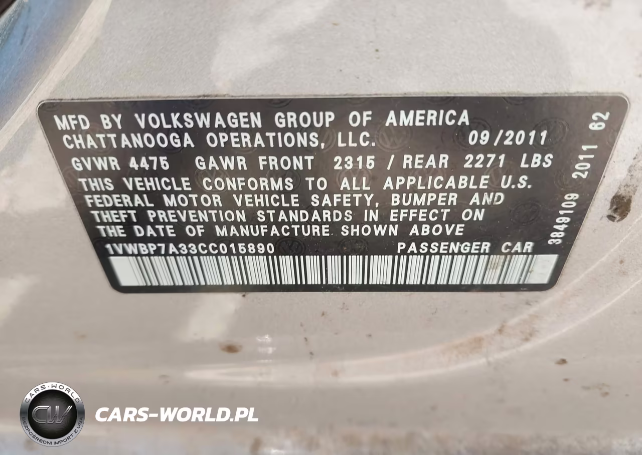 2012 Volkswagen Passat 2.5L Se VIN:1VWBP7A33CC015890 - 9