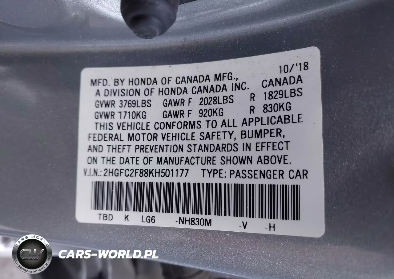 2019 Honda Civic Sport VIN:2HGFC2F88KH501177 - 9