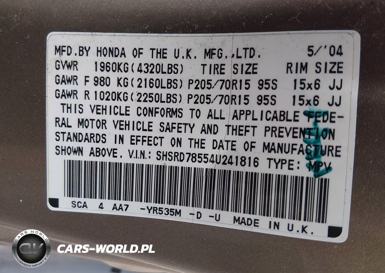 2004 Honda Cr-V Lx VIN:SHSRD78554U241816 - 9